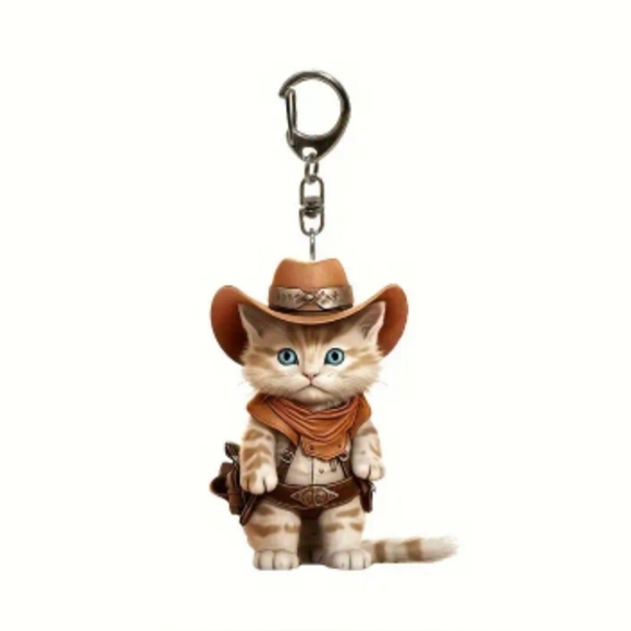 Accessories - 1 Piece Cowboy Kitten Keychain, 2D Acrylic Cat Pendant, 0.3cm Thick, Double-Side